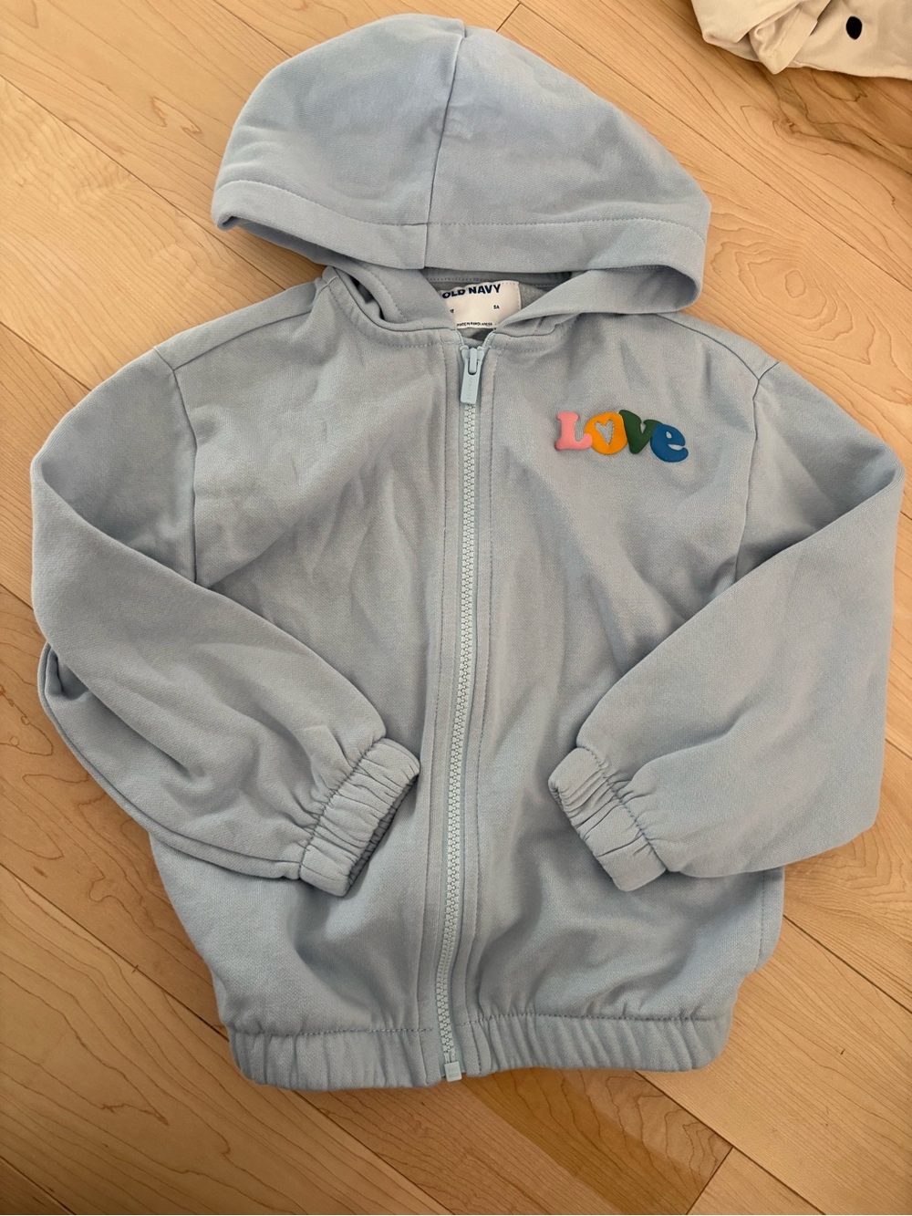 Old Navy Light Blue Hooded Fleece Jacket with Multicolor "Love" Applique